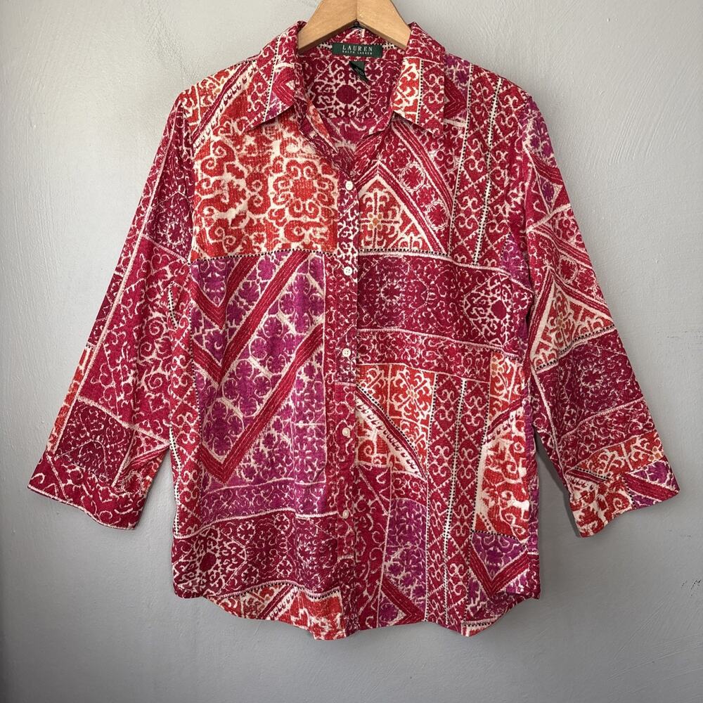LRL Ralph Lauren Button Up Shirt Size Large Artsy Lightweight Cotton 3/4 Sleeve
